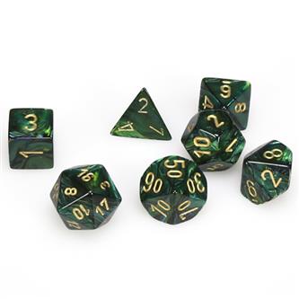 7xPolyhedral Dice: Scarab - Jade m. guld