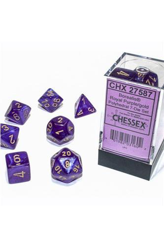 7xPolyhedral Dice: Borealis Luminary - Royal lilla med guld