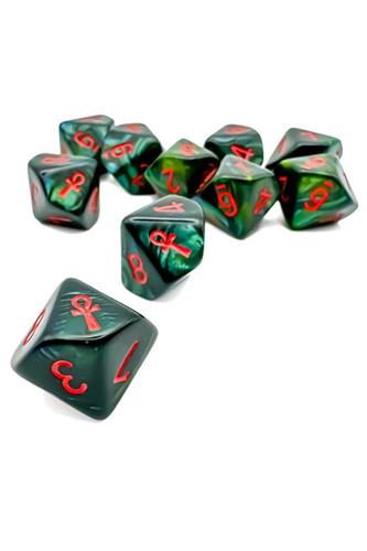 Terningsæt 10-sidede: Ankh (Scarab Jade/Rød)
