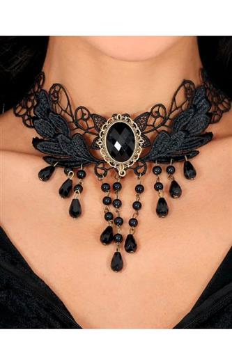 Broderet choker med sort sten og perler, sort