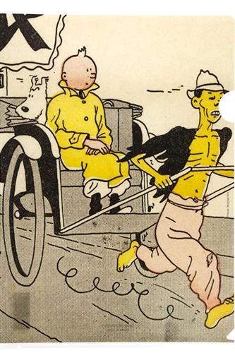 Tintin trækkes afsted i rickshaw(Den Blå Lotus)