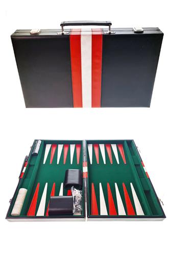 Stor Backgammon - Sort, Rød & Hvid - 45½ cm., Grøn Filt, Hvid/Rød Tern ...